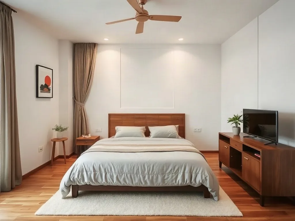 Phòng ngủ ấm cúng ở căn hộ hiện đại với giường gỗ