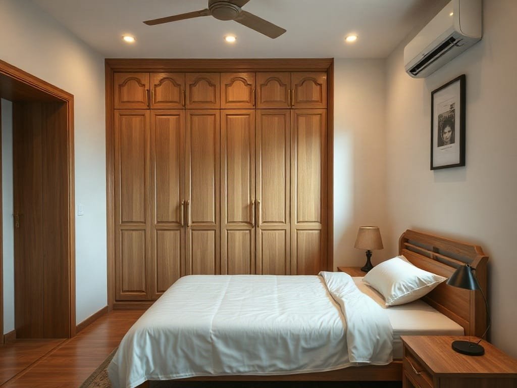 Phòng ngủ ấm cúng với tủ gỗ tự nhiên tại nhà phố Quận 7