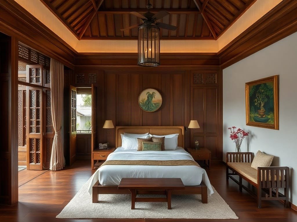 Phòng ngủ biệt thự sang trọng tại Việt Nam với đồ gỗ thanh lịch.
