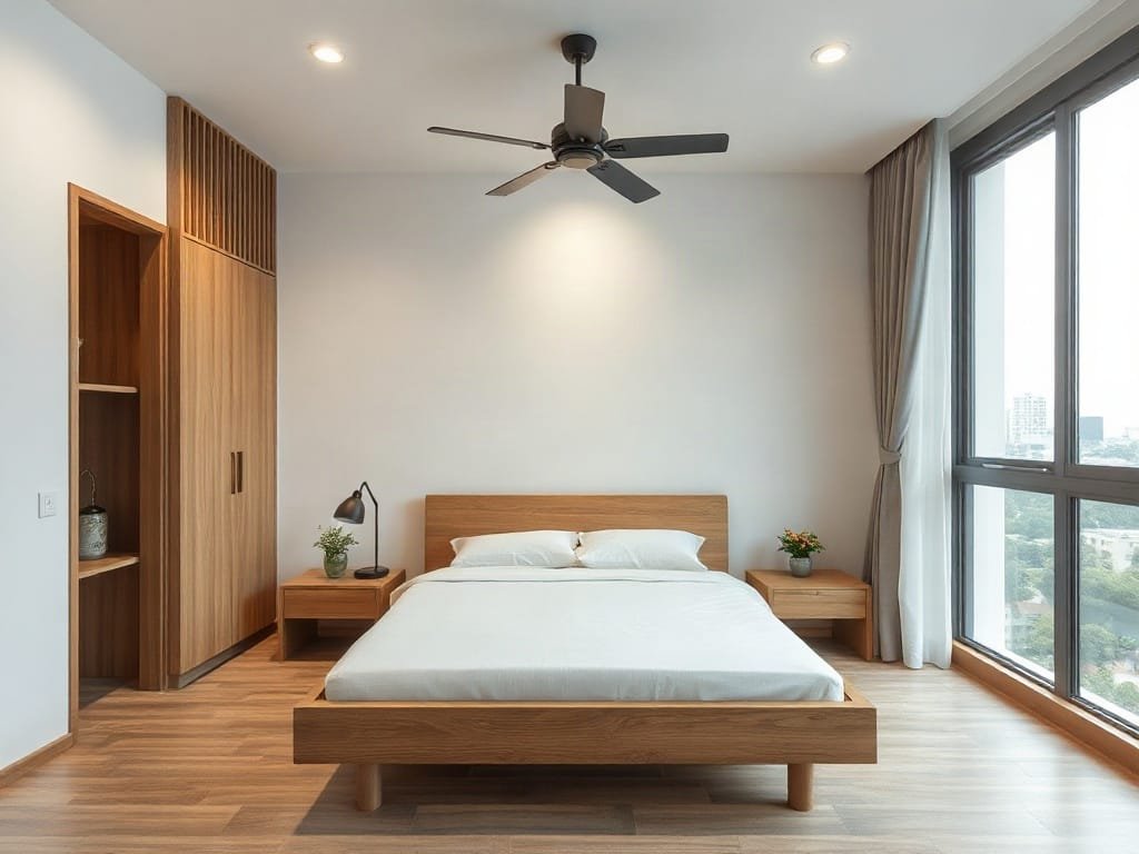 Phòng ngủ hiện đại trong căn hộ Việt Nam với giường gỗ nằm giữa trung tâm.