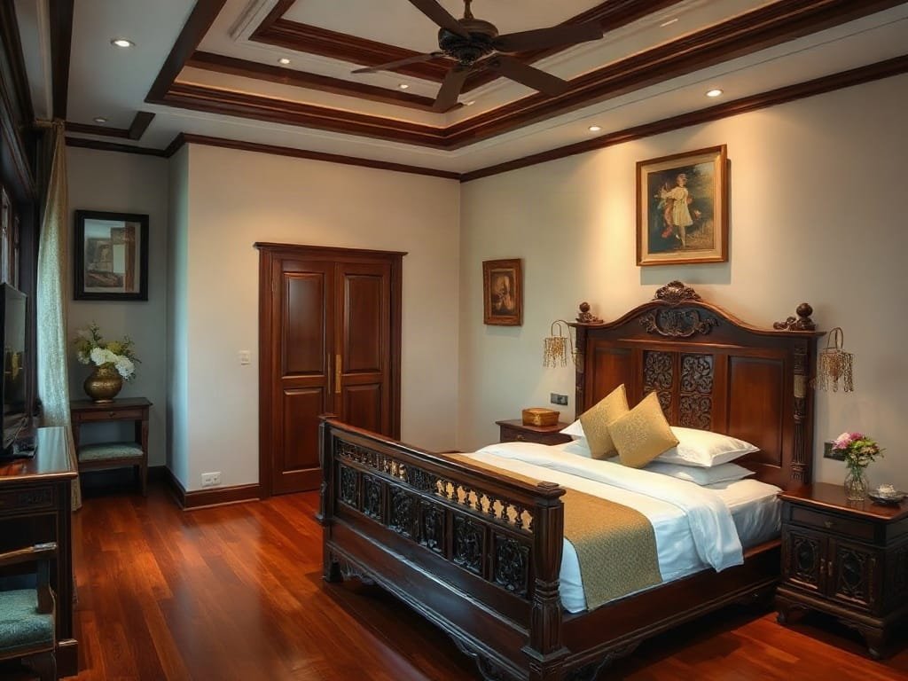 Phòng ngủ phong cách cổ điển Việt với giường gỗ