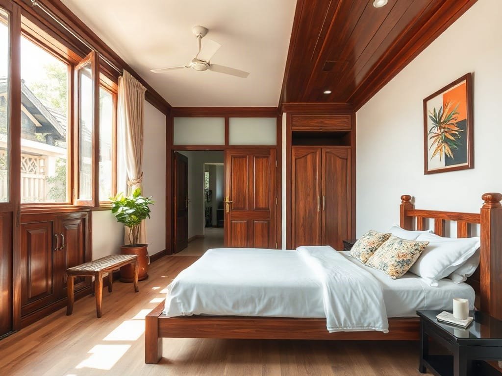 Phòng ngủ sáng sủa với giường gỗ tại nhà phố Việt