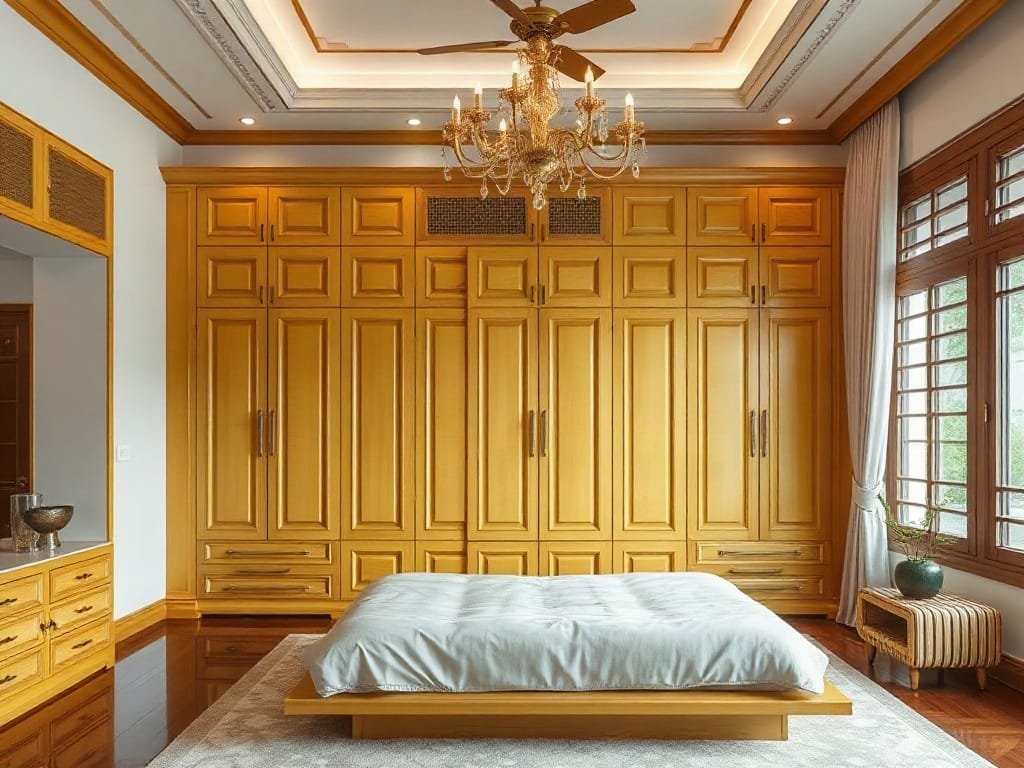 Phòng ngủ sang trọng với tủ quần áo gỗ vàng lớn trong biệt thự Việt