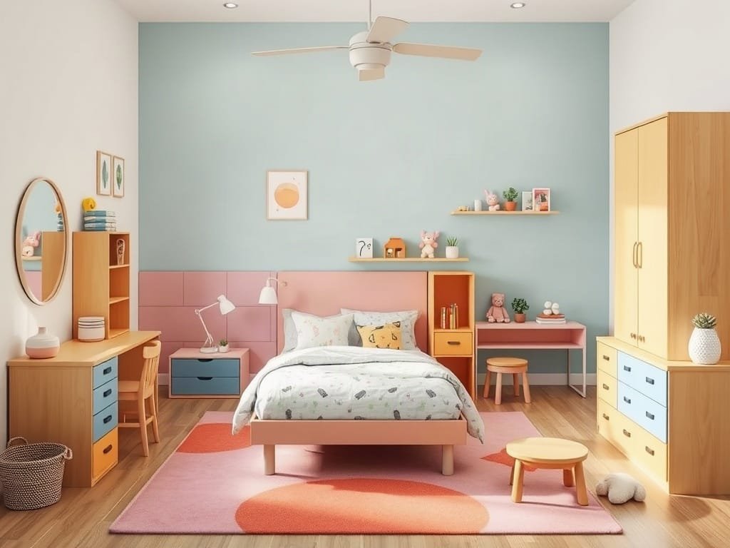 Phòng ngủ trẻ em hiện đại với nội thất an toàn, đầy màu sắc.