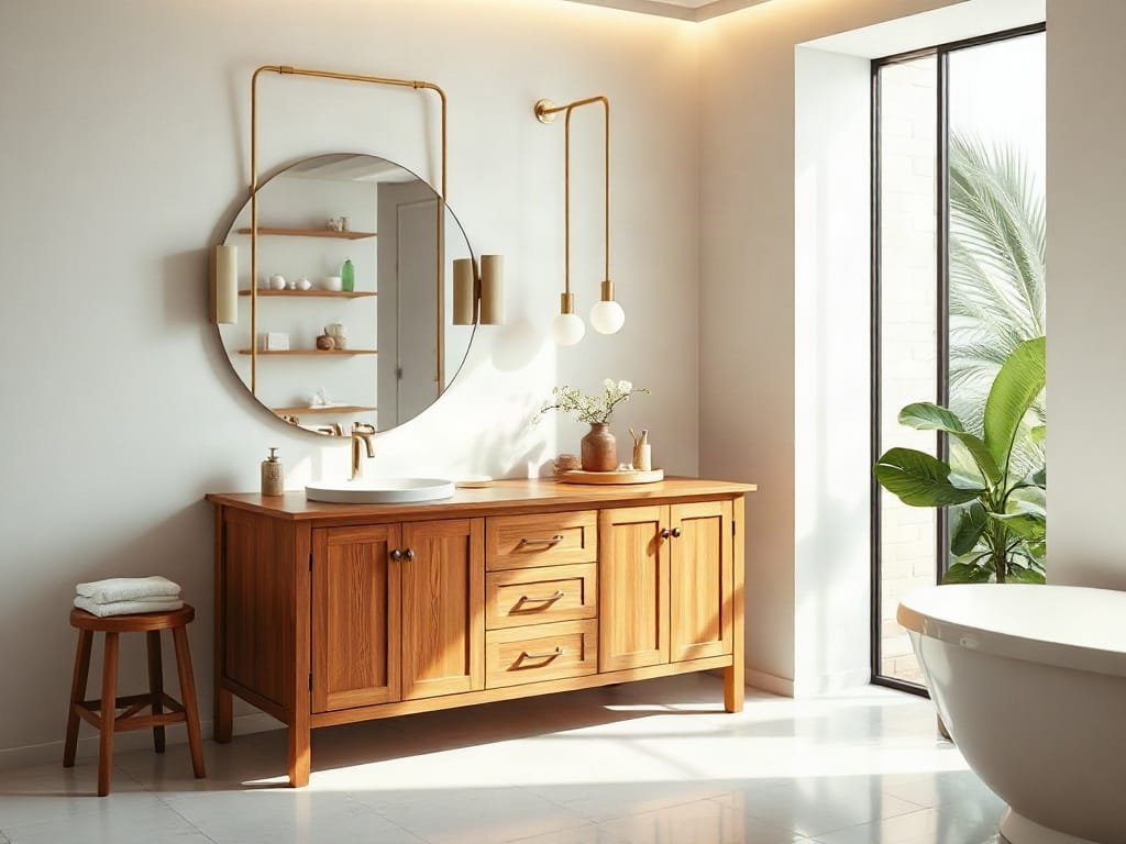 Phòng tắm sang trọng với bàn trang điểm gỗ gõ đỏ