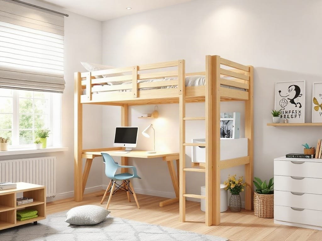 Phòng trẻ em hiện đại với giường tầng có bàn học bên dưới.