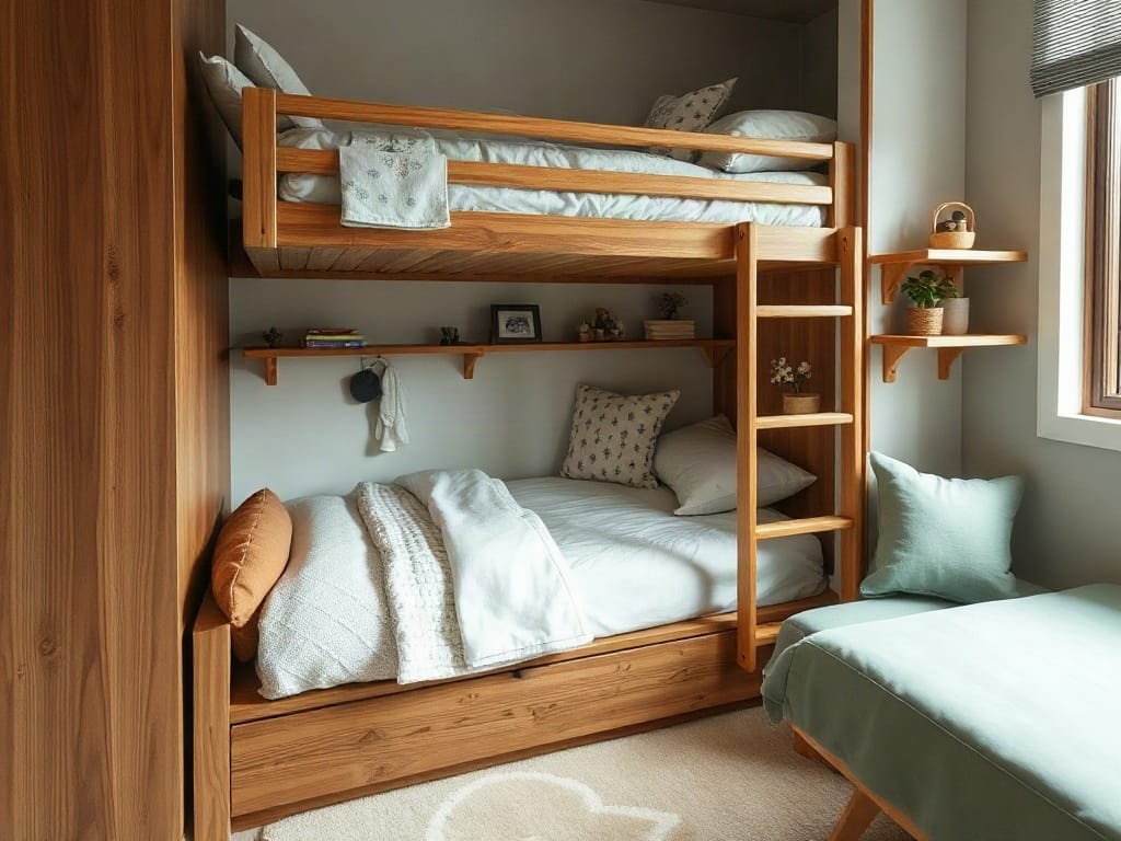 Phòng trẻ em nhỏ gọn với lưu trữ tích hợp dưới giường tầng.