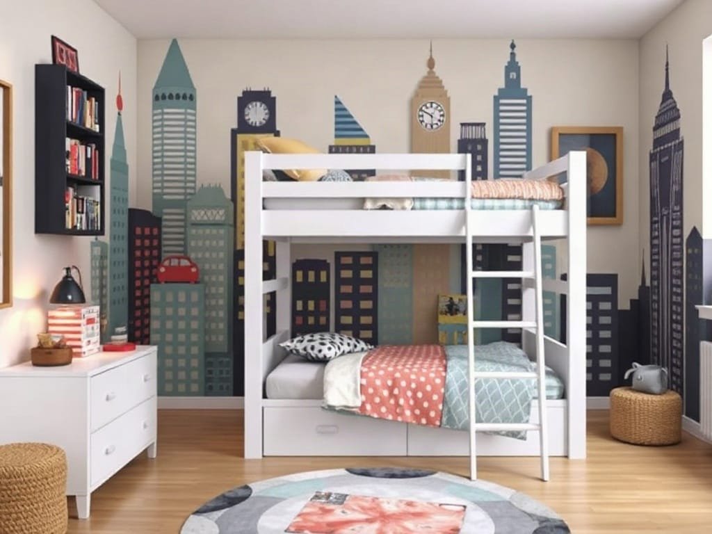 Phòng trẻ em theo chủ đề thành phố với giường tầng sáng tạo.