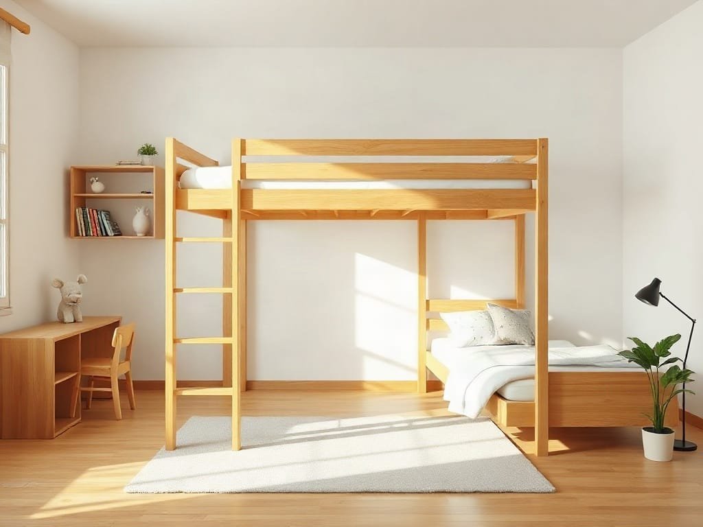 6 Mẹo Hay Với Giường Tầng Trẻ Em Giúp Tối Ưu Không Gian Phòng trẻ em thiết kế tối giản với giường tầng gỗ tự nhiên ở Việt Nam.