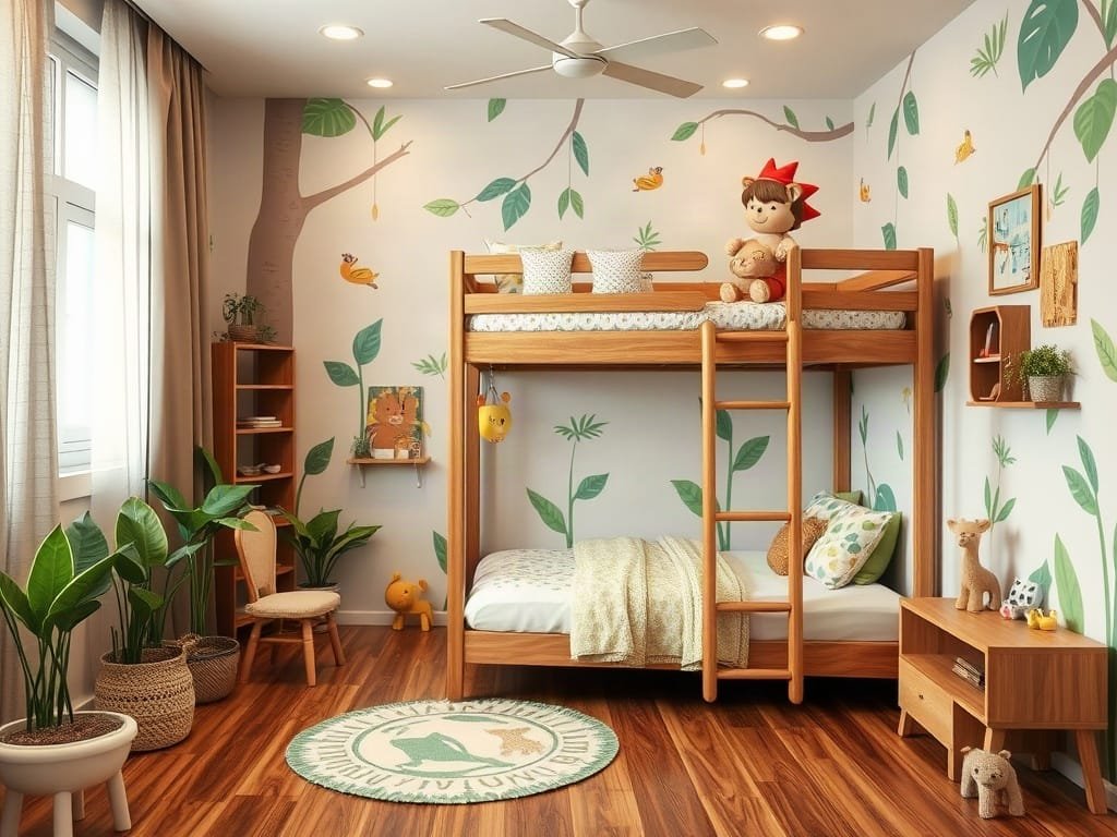6 Mẹo Hay Với Giường Tầng Trẻ Em Giúp Tối Ưu Không Gian Phòng trẻ em Việt Nam với giường tầng và trang trí chủ đề rừng.