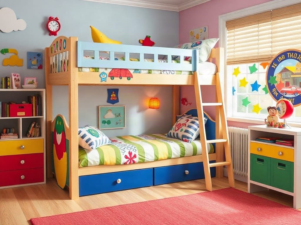 Phòng trẻ sôi động đầy màu sắc với giường tầng theo chủ đề.