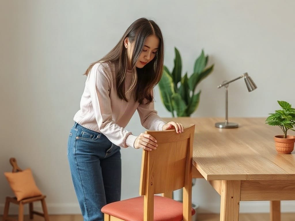 Phụ nữ Việt Nam điều chỉnh độ cao ghế tại bàn gỗ tự nhiên.