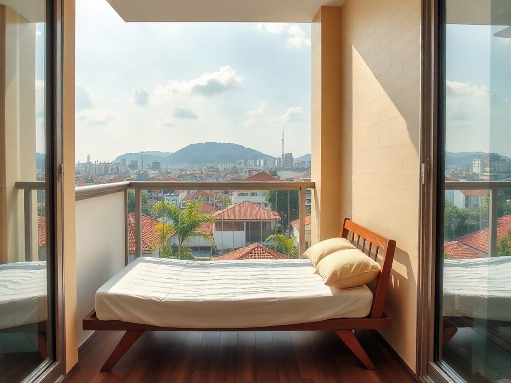 Khám Phá 5 Công Dụng Hữu Ích của Giường Xếp Cho Không Gian Sống Quang cảnh ban công Việt Nam đầy nắng với thiết lập giường xếp nhỏ gọn.