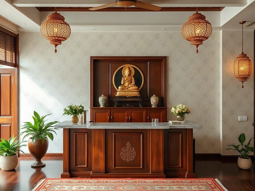 Quầy lễ tân trang nhã tại biệt thự Việt Nam với biểu tượng linh thiêng.