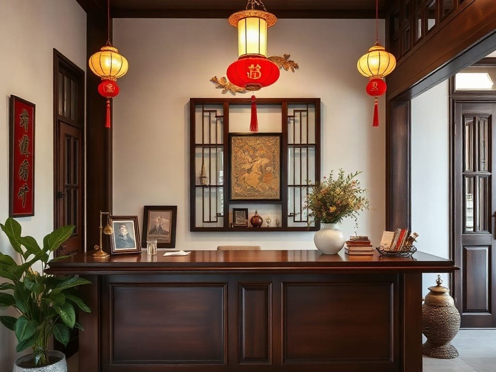 Quầy lễ tân yên tĩnh tại nhà phố Việt Nam với vật phẩm may mắn.