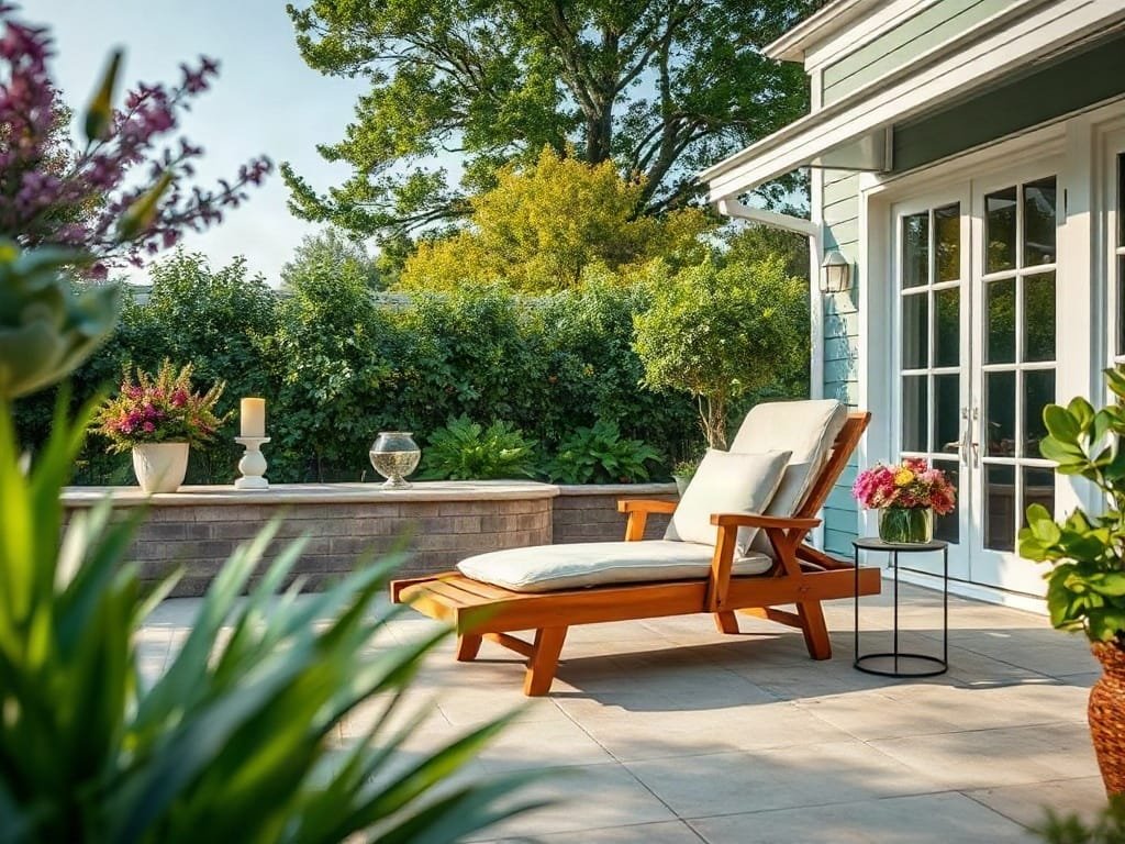 Sân vườn yên bình với ghế bố gỗ thanh lịch và trang trí ngoài trời.