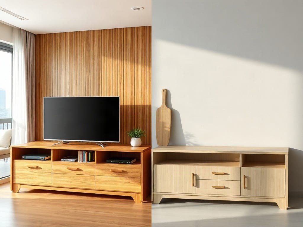 So sánh kệ tivi: gỗ tự nhiên và MDF Melamine