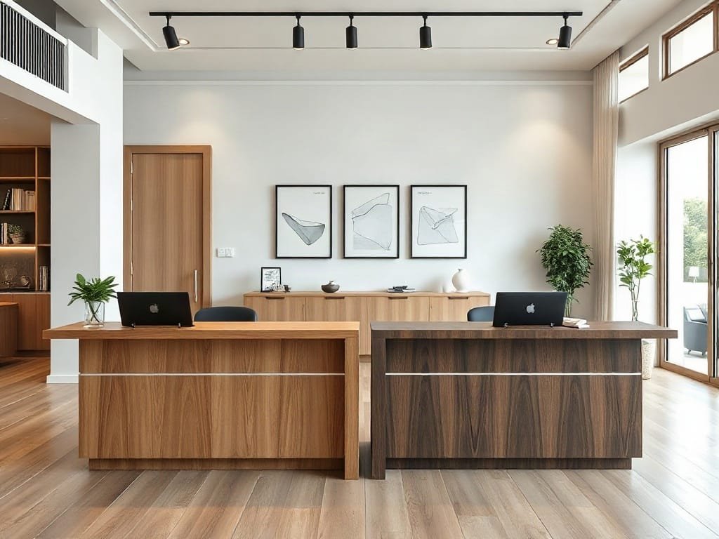 So sánh quầy lễ tân: gỗ tự nhiên và MDF Melamine