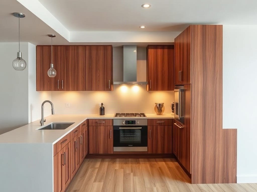 Thiết kế bếp đương đại với tủ gỗ gõ đỏ và ánh sáng ấm