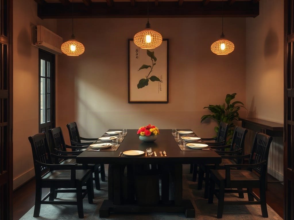 Khám Phá 8 Đặc Điểm Nổi Bật Của Bộ Bàn Ăn Cao Cấp Thiết kế phòng ăn truyền thống Việt Nam với bàn ăn gỗ tối màu và đèn treo.