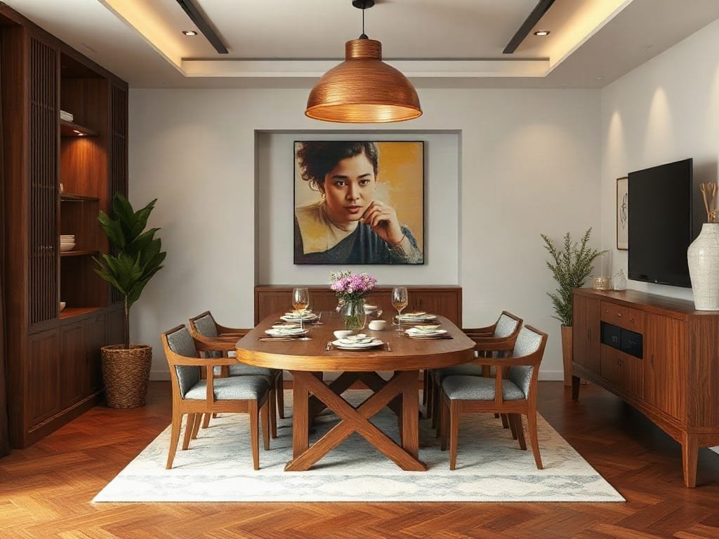 Thiết lập bàn ăn cao cấp trong nhà Việt Nam với bàn gỗ lớn.