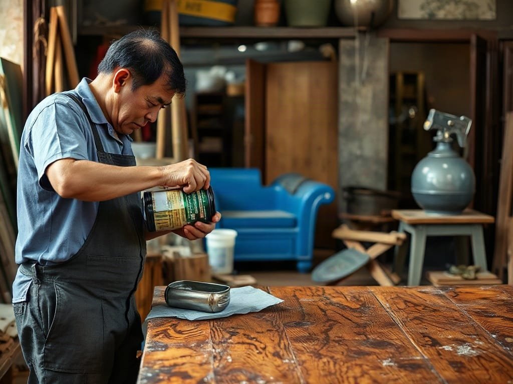 Thợ lành nghề Việt Nam sơn bảo vệ cho bàn gỗ để kéo dài tuổi thọ