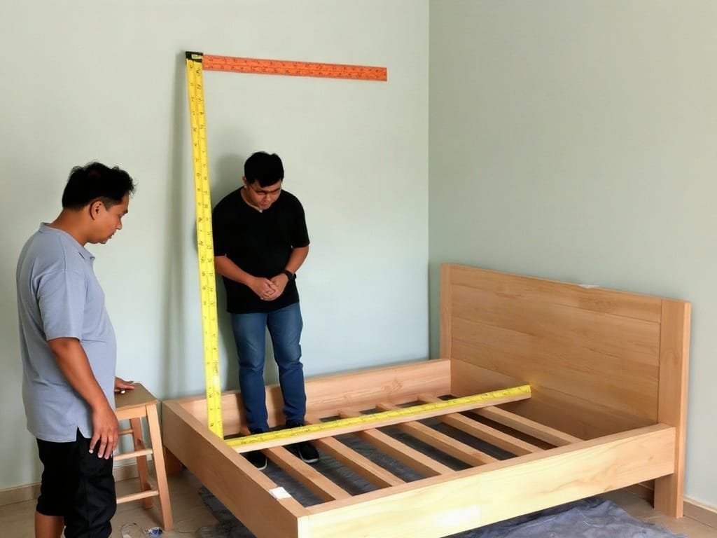 Thợ mộc Việt Nam đo đạc cẩn thận không gian phòng ngủ cho giường mới.