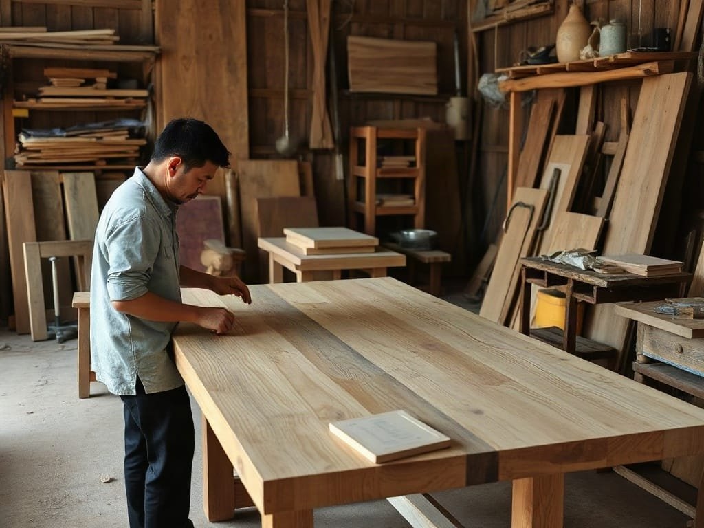 Thợ thủ công chế tác bàn ăn gỗ trong xưởng mộc truyền thống của Việt Nam