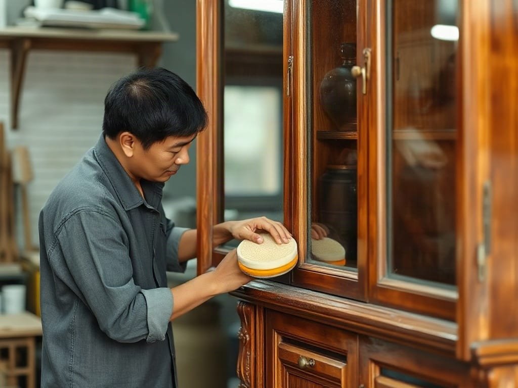 Thợ thủ công Việt Nam đang làm bóng tủ rượu bằng gỗ.