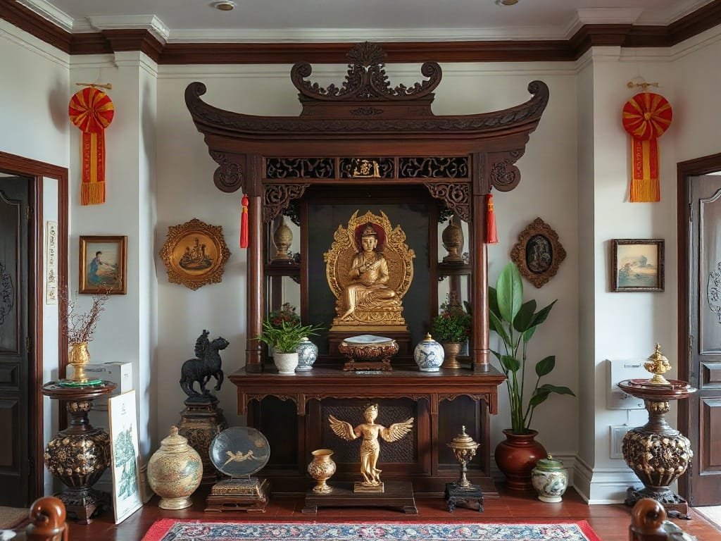Ngôi nhà Việt hiện đại với bàn thờ kết hợp thiết kế truyền thống và hiện đại.