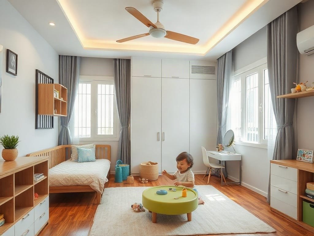 Trẻ em vui chơi trong phòng ngủ được thiết kế tốt ở Việt Nam.