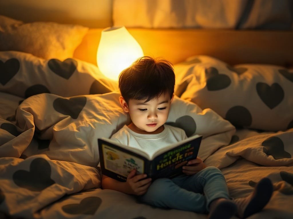 Trẻ Việt Nam đọc sách trên giường với ánh sáng mềm mại.