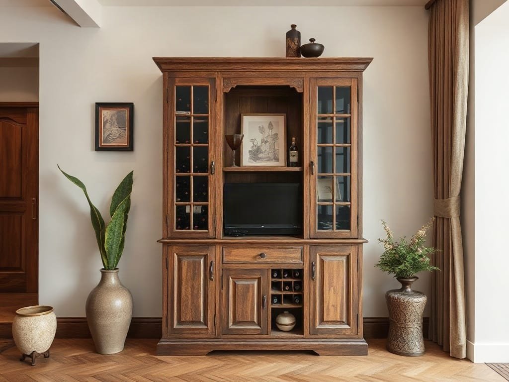 Tủ rượu gỗ phong cách vintage trong ngôi nhà Việt hiện đại