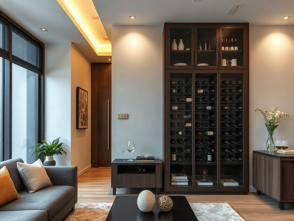 Tủ rượu hiện đại trong phòng khách căn hộ Việt Nam