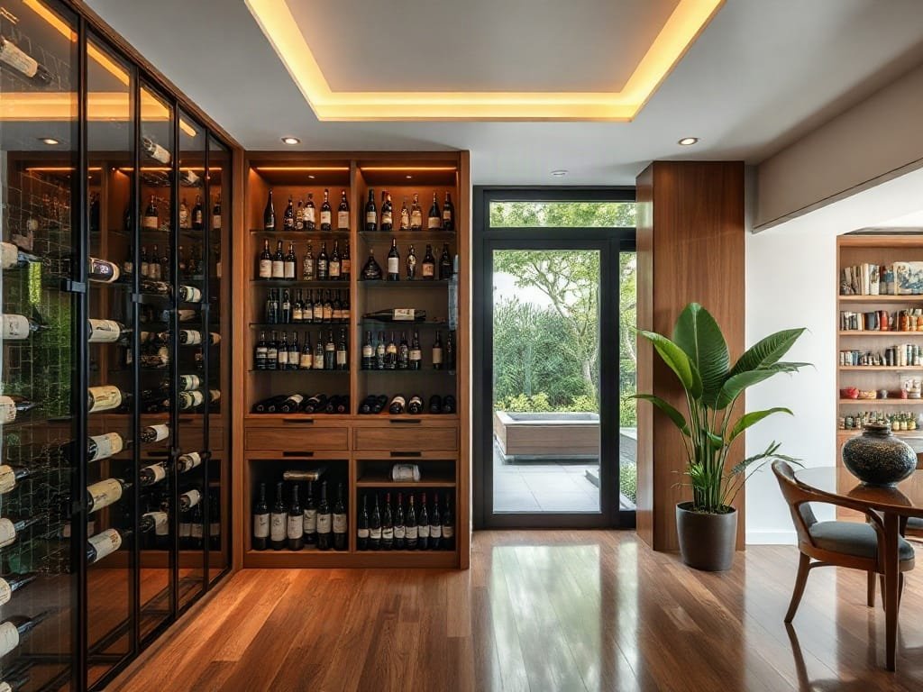 Tủ rượu mở trưng bày bộ sưu tập lớn trong biệt thự Việt sang trọng