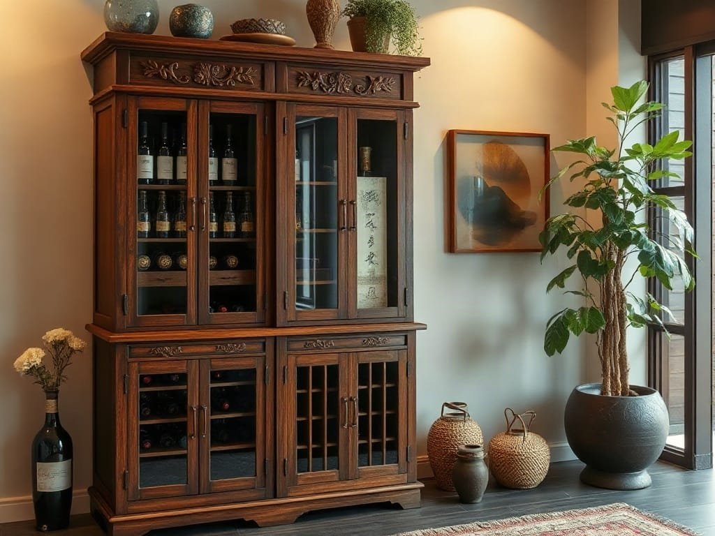 Tủ rượu thủ công với họa tiết truyền thống Việt trong không gian ấm cúng.