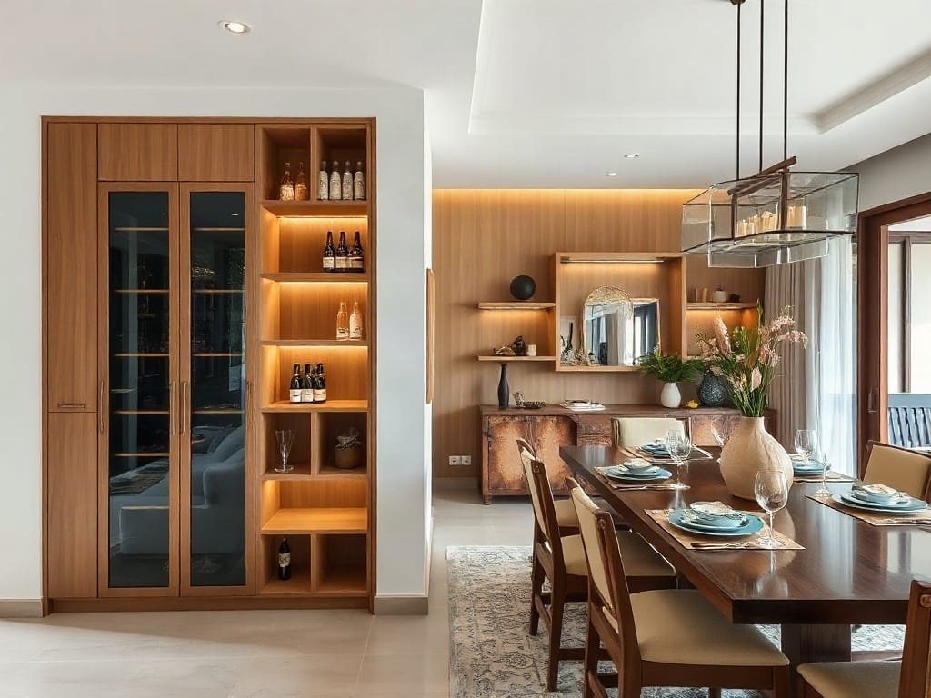 Tủ rượu tiết kiệm không gian bên cạnh bàn ăn tinh tế trong biệt thự Việt