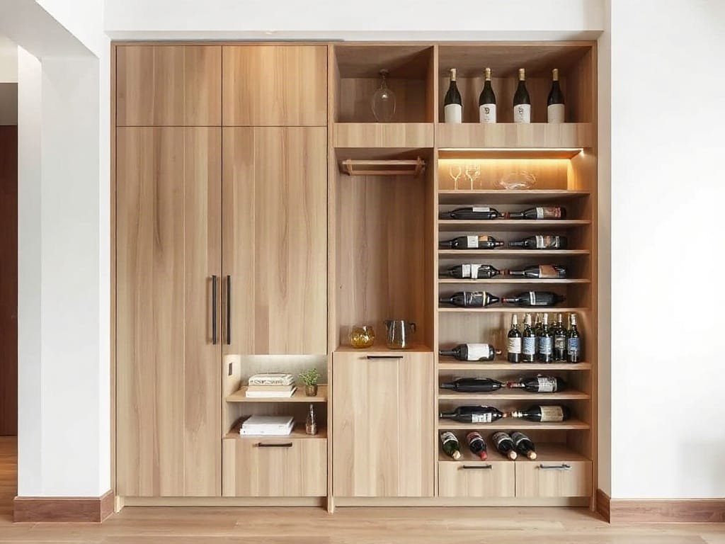 Tủ rượu tiết kiệm không gian trong căn hộ studio tối giản Việt