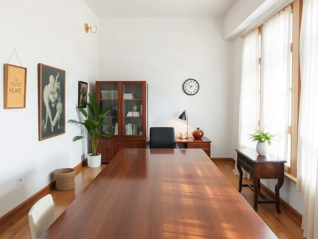 Văn phòng biệt thự Việt Nam sáng sủa với bàn làm việc gỗ sáng bóng