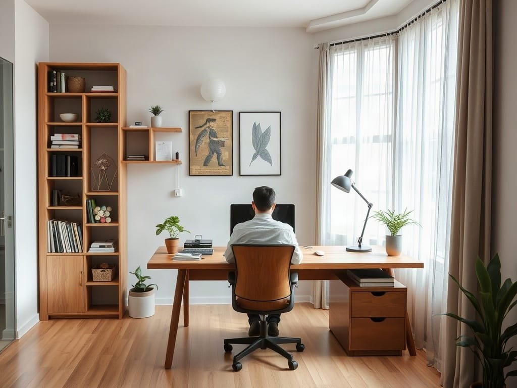 Văn phòng tại gia hiện đại với bàn gỗ tự nhiên