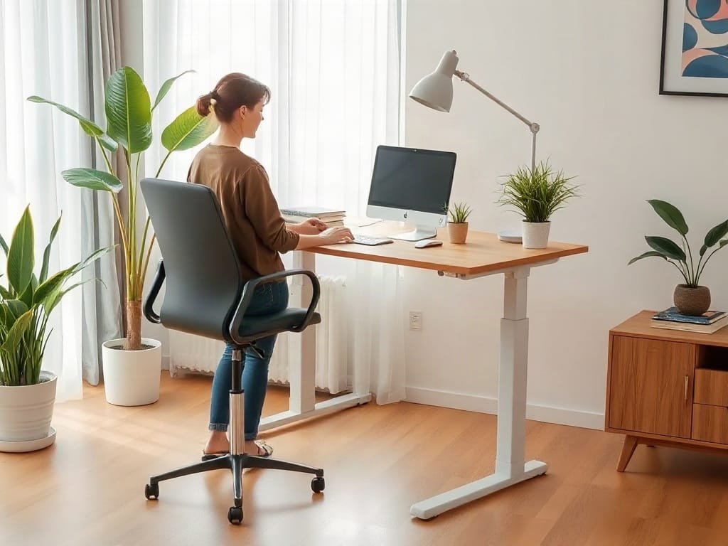 Văn phòng tại nhà hiện đại với bàn gỗ điều chỉnh, người Việt Nam đang làm việc.