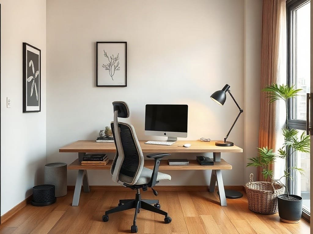 Văn phòng tại nhà tối giản ở Việt Nam với ghế và bàn điều chỉnh công thái học.