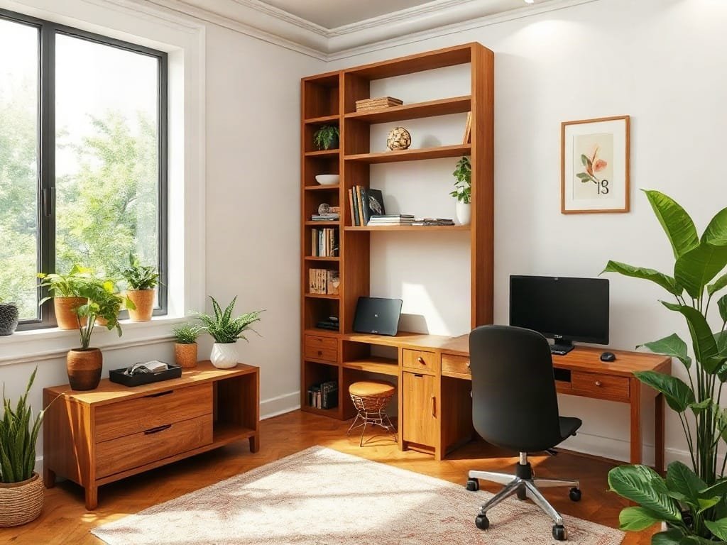 Văn phòng tại nhà với kệ gỗ tùy chỉnh và bàn máy tính, phong cách Việt Nam.
