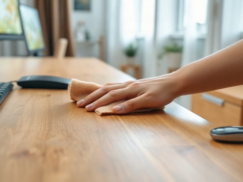 Vệ sinh bàn làm việc: lau bằng khăn mềm