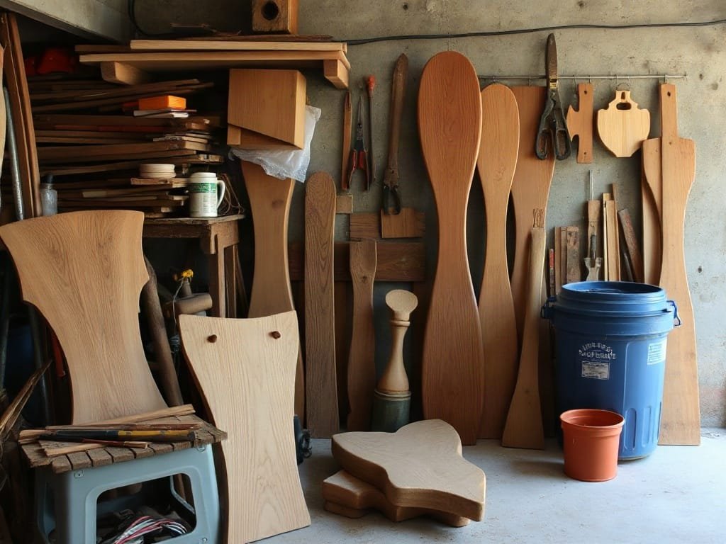 Xưởng mộc Việt Nam với dụng cụ và phôi gỗ Đinh Hương chưa hoàn thiện.