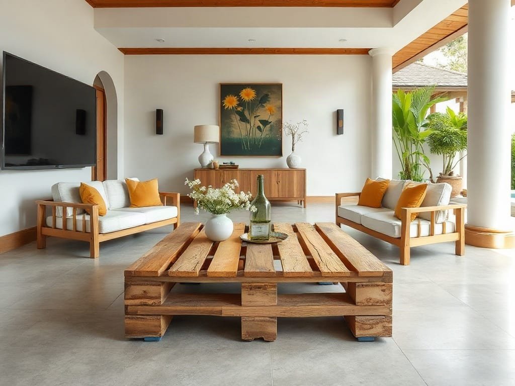 Biệt thự cao cấp Việt Nam với bàn cafe pallet gỗ.