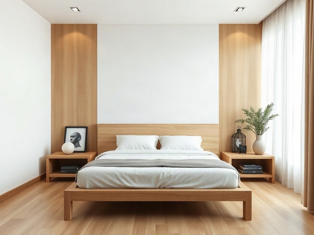 Bộ phòng ngủ gỗ tự nhiên tối giản trong ngôi nhà Việt Nam đương đại.