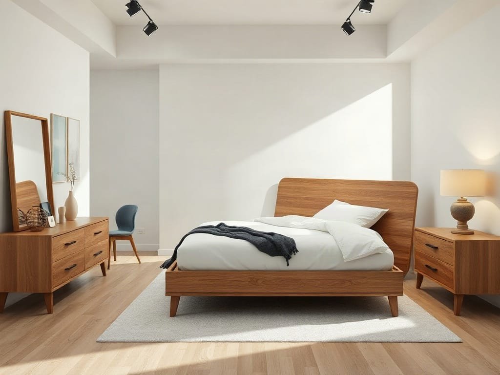 Bố trí nội thất phòng ngủ hiện đại với giường gỗ sồi