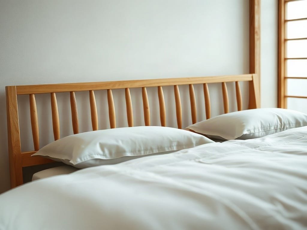 Cận cảnh giường kiểu Nhật với vật liệu gỗ tự nhiên, thiết kế đơn giản.