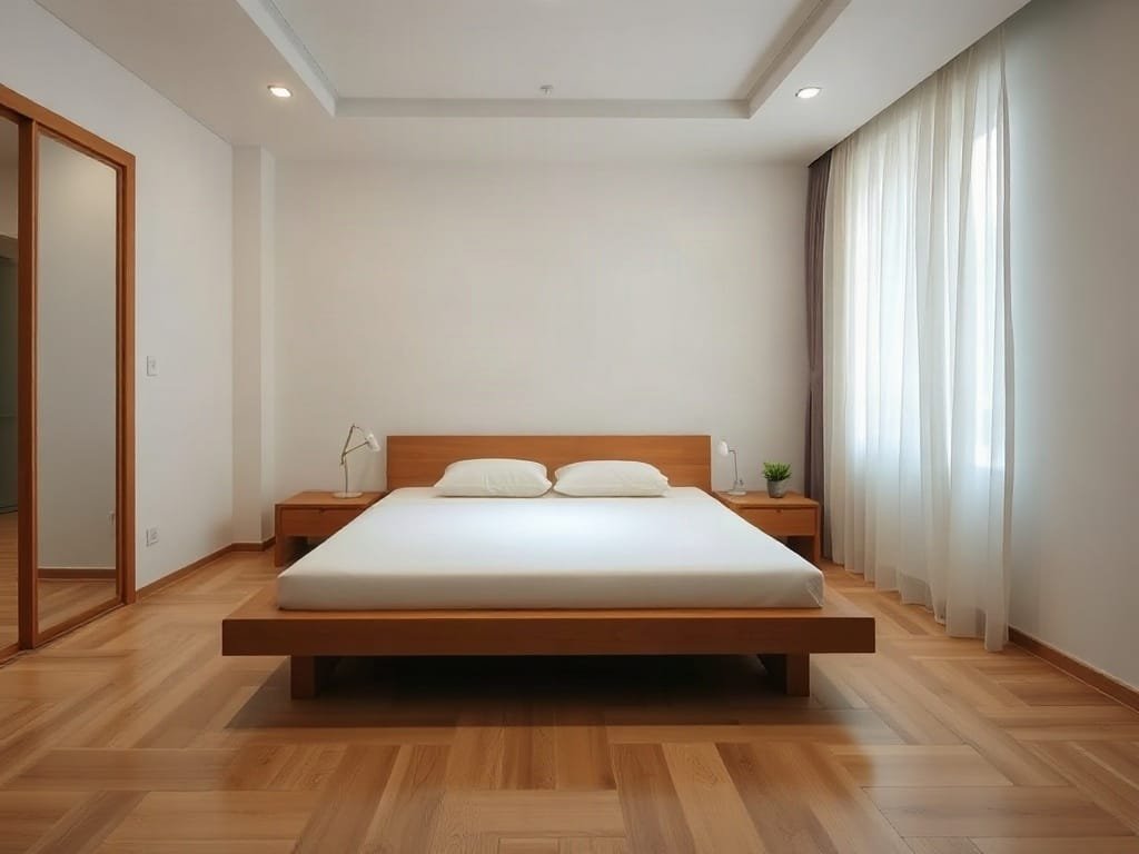 Căn hộ hiện đại tại Việt Nam với giường nền gỗ phong cách Nhật Bản tối giản.